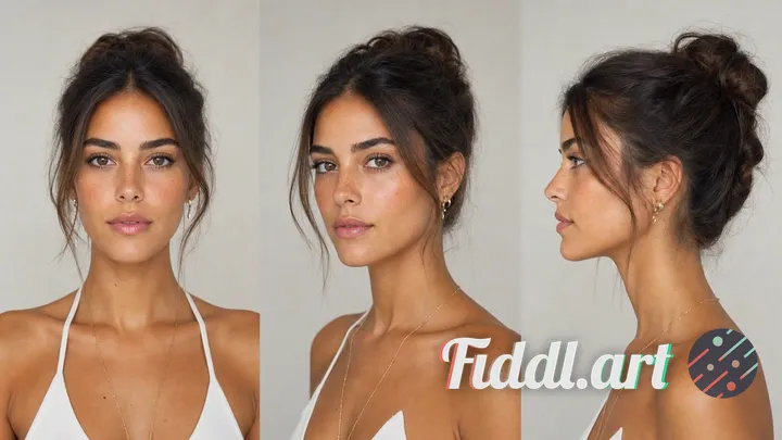 Consistência multiângulo de uma persona de influenciadora de IA gerada com o Fiddl.art, mostrando coerência facial e estilística