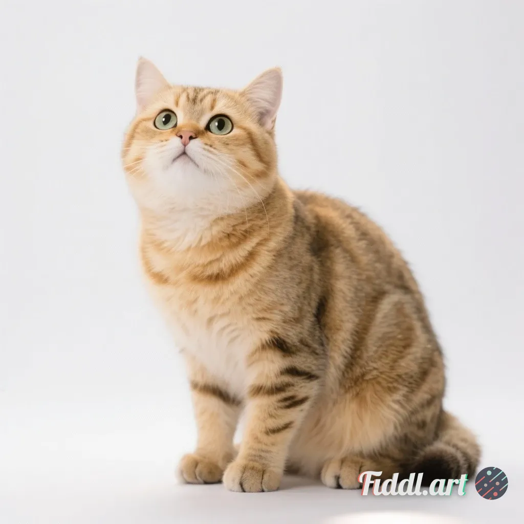 The golden tabby cat is squatting, with fluffy large eyes and a super cute expression, set against a