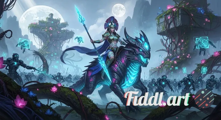 An ancient warrior princess with intricate glowing tattoos and ornate armor, wielding a crystalline 