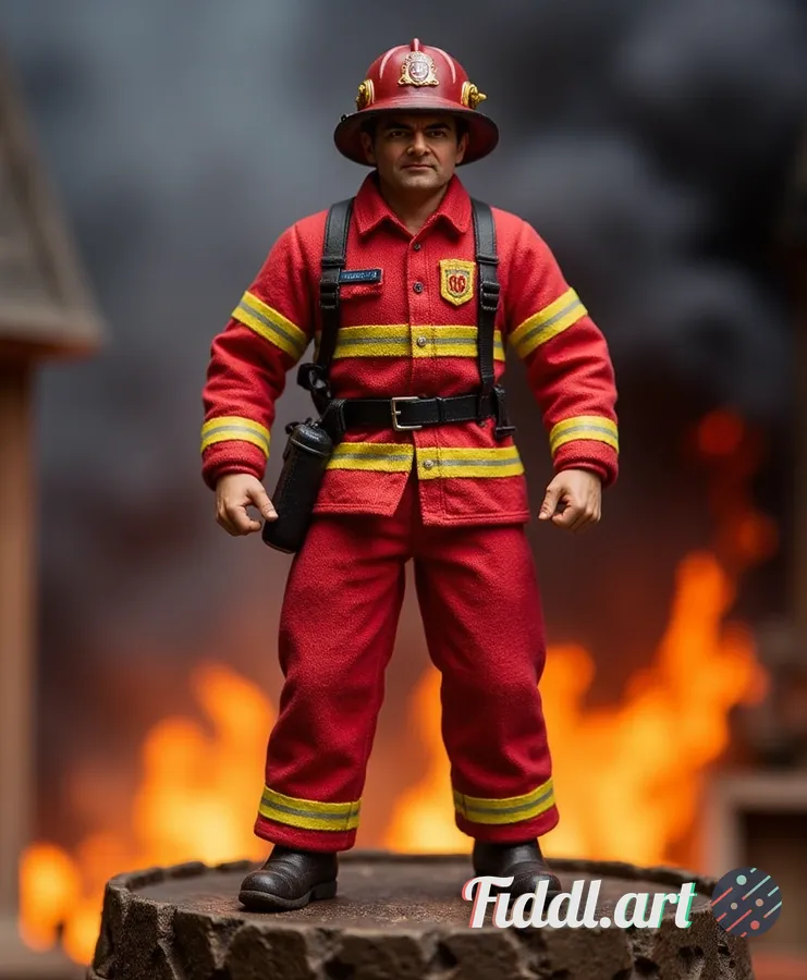 A dynamic action figure of a heroic firefighter, standing boldly in a dramatic pose. He is adorned i