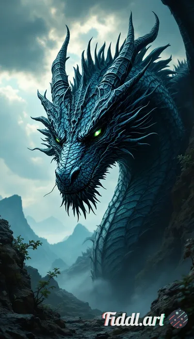 A detailed dark fantasy style dragon, featuring intricate scales and fierce eyes, surrounded by a my