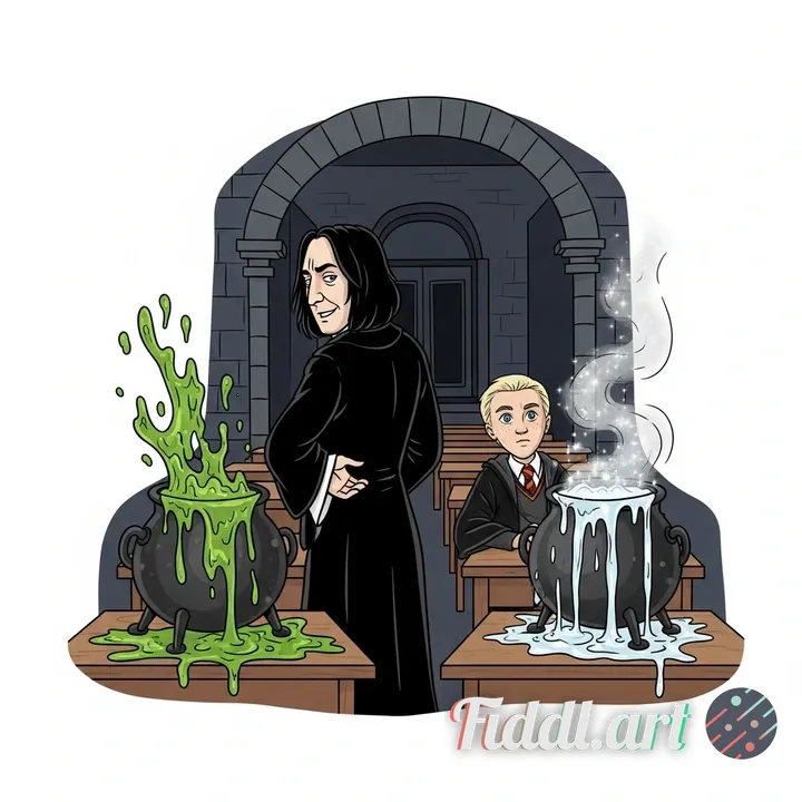 A cartoon illustration of a dark, dungeon-like Potions classroom. Neville Longbottom's cauldron is e