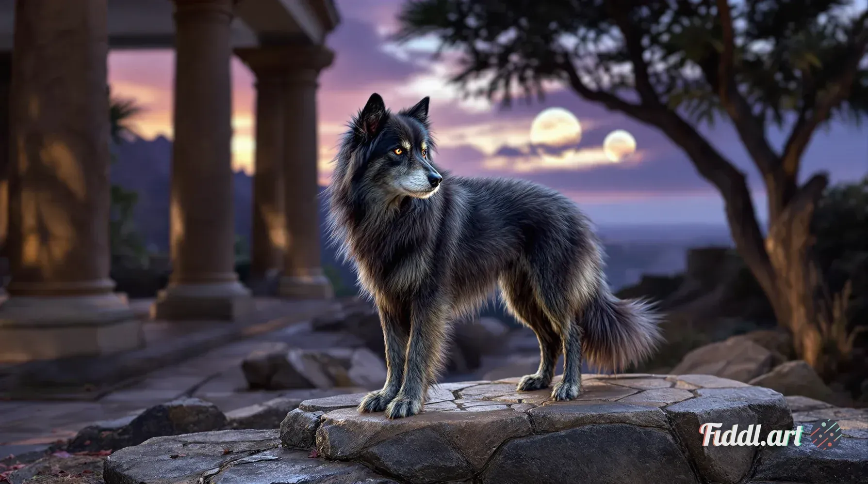 Generate a hyper-realistic photo of a Loth-wolf in a sacred, spiritual setting on Lothal. The creatu