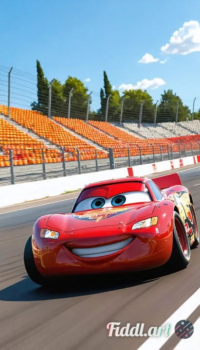 Lightning McQueen racing on the racetrack l on a bright day afternoon 