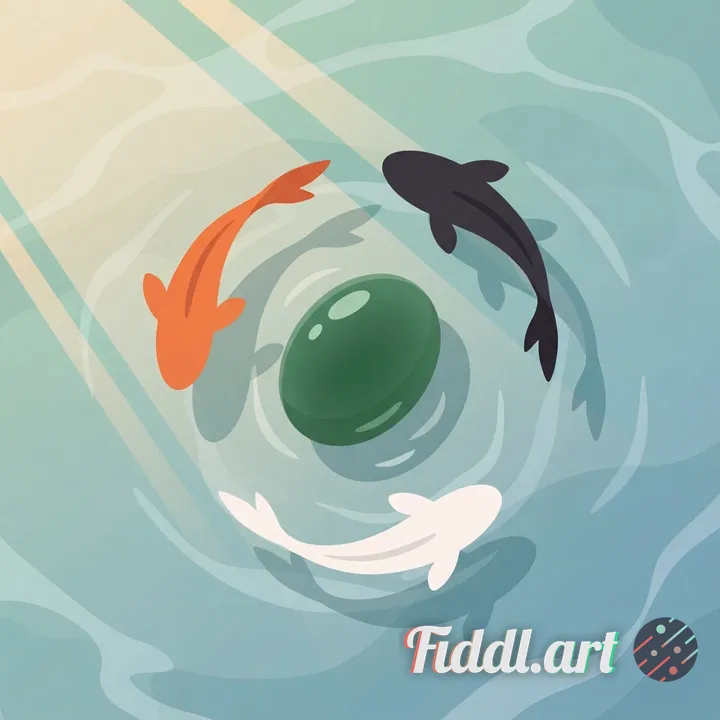 A serene desktop wallpaper depicting three vibrant koi fish gracefully circling a lustrous jade ston