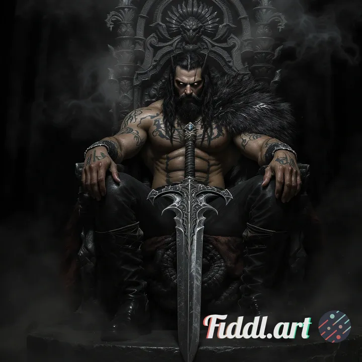 A dark, fantasy-inspired warrior seated on a throne made of black stone with intricate carvings. The