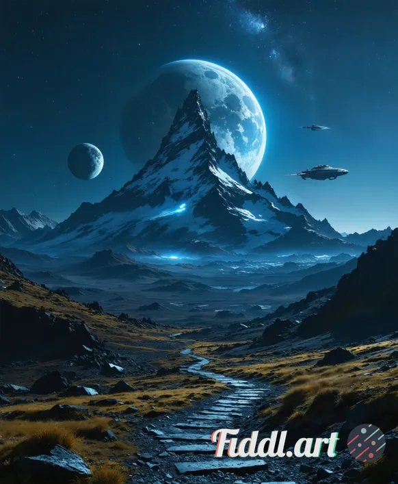 Epic sci-fi mountain vista at night. A jagged, snow-capped peak rises in the center of frame, flanke