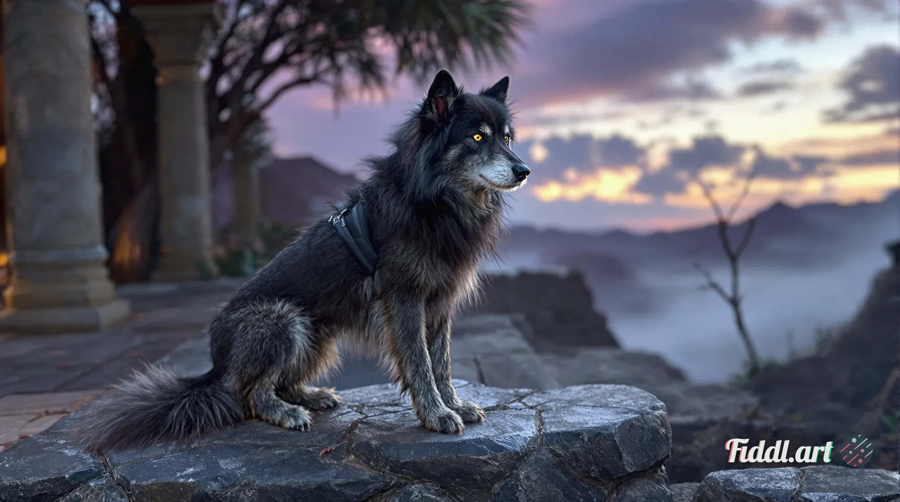 Generate a hyper-realistic photo of a Loth-wolf in a sacred, spiritual setting on Lothal. The creatu