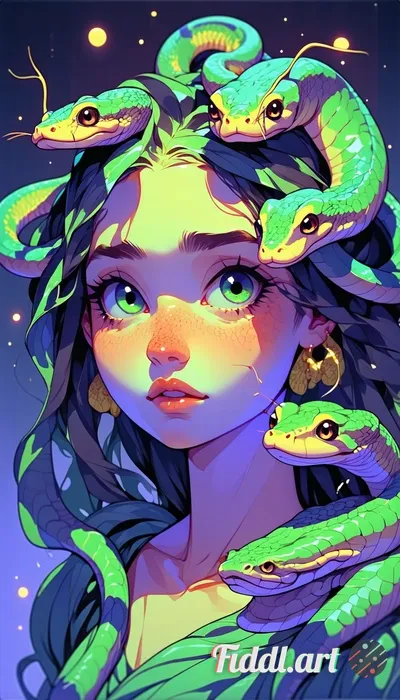 Portrait of Medusa from the bust up. Her expression is one of innocent curiosity, but each snake in 