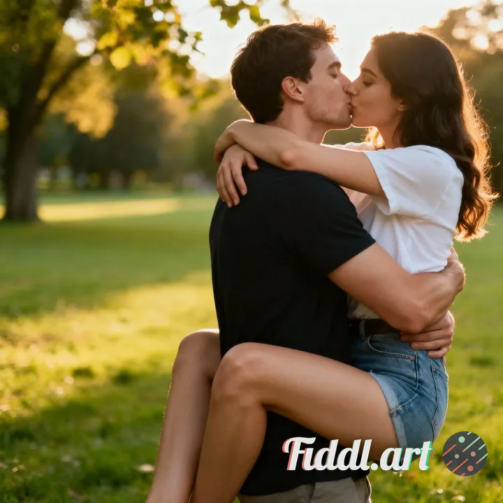 couple kissing in the park. man's left arm around woman's waist, right arm around woman's shoulders.