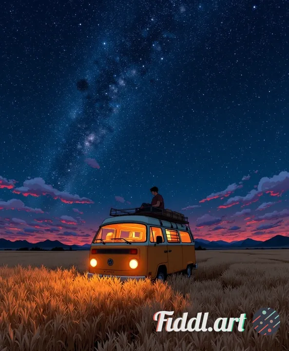cinematic wide shot of a lone traveler sitting on top of an old retro camper van parked in a tall go