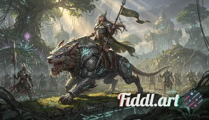 An ancient warrior princess atop a majestic bio-engineered creature, leading her army through a lush