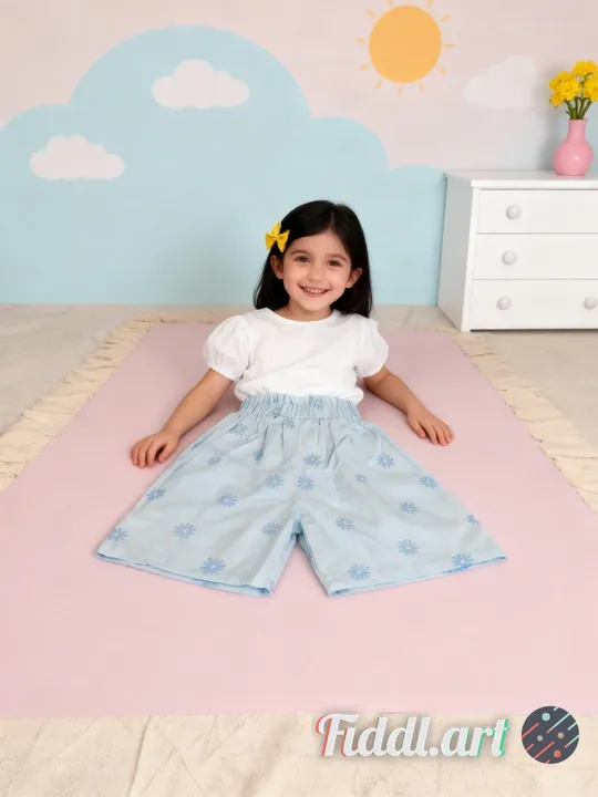 A cheerful indoor scene featuring a full figure of 6-7 years old child standing in a photo studio wi