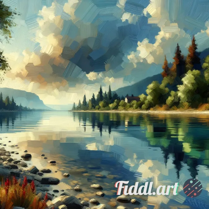 landscape painting with digital painting style and texture, water reflection, brushstrokes