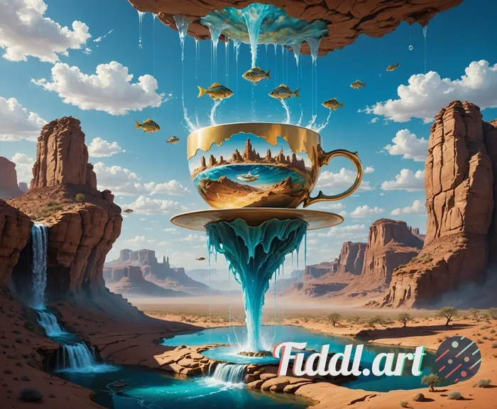 Media Index 0 | A surreal art piece features a colossal floating teacup, suspended mid-air above a vast desert lands