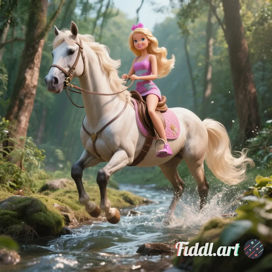 Please use barbie riding a stallion in the forest through stream 
