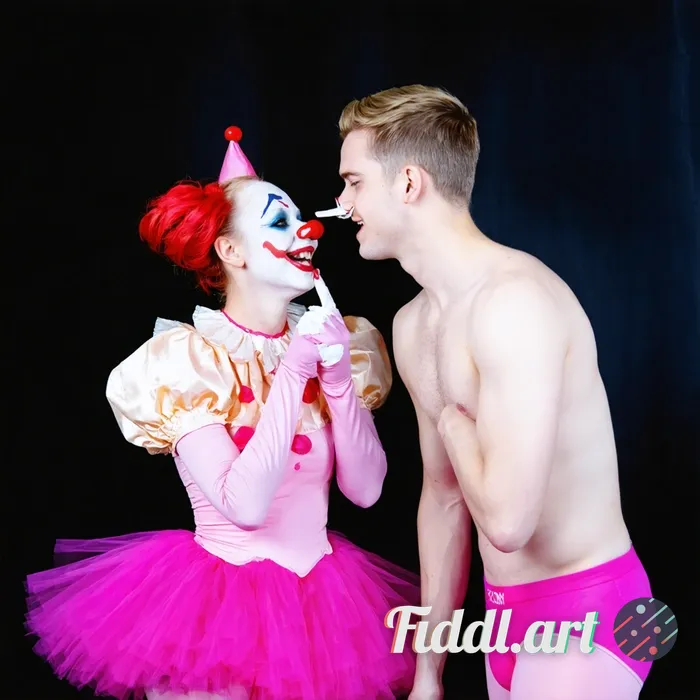Attractive female clown giggling, wearing pink tutu and pink tights pinching a man’s nose with her f