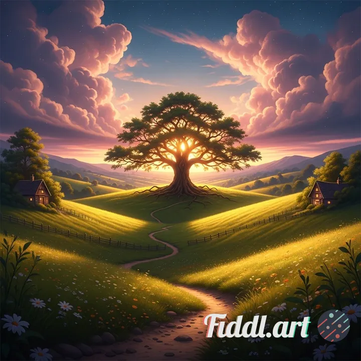 A breathtaking, highly detailed fantasy countryside landscape at golden hour. A large, majestic tree