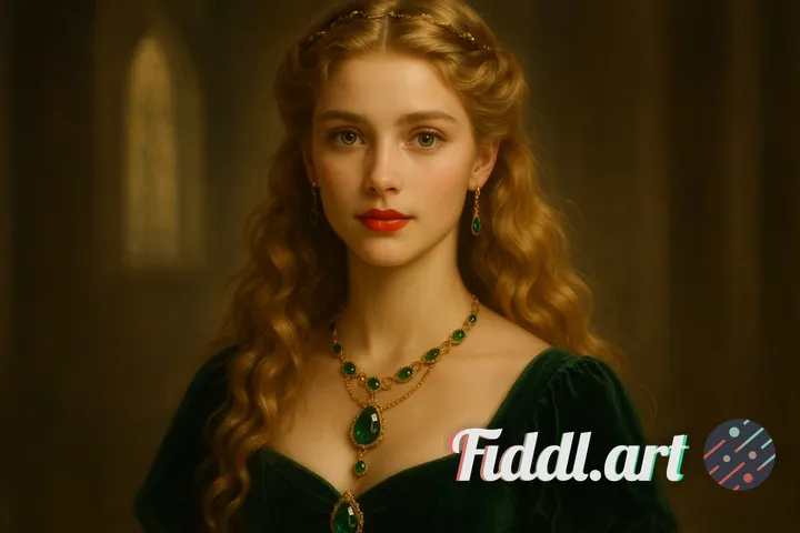 A beautiful Princess in a fantasy medieval setting, golden hair, green eyes, soft light