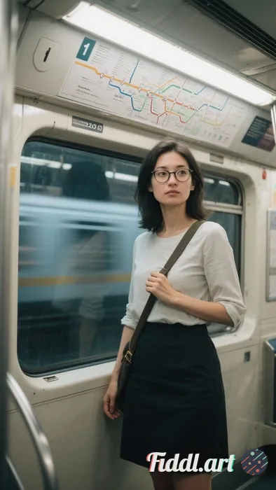tight three-quarter (mid-thigh up), subject ≥ 75% of frame, eyes near top third, subway interior, ro