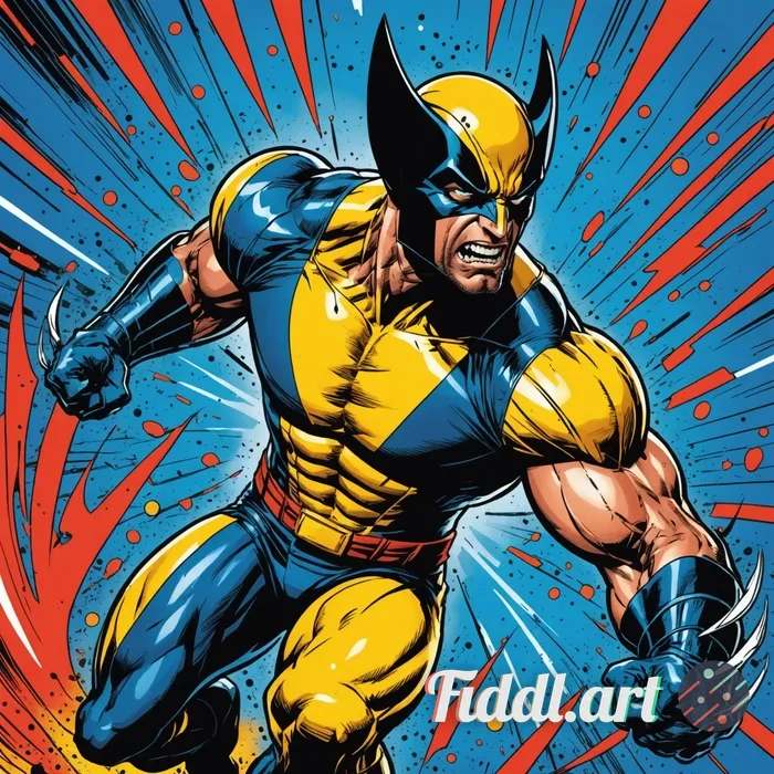 Wolverine from the X-Men, mid-leap with claws extended, a fierce expression on his face, dynamic mot