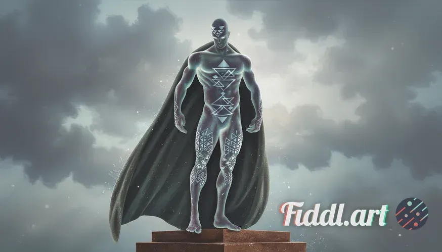 A large, aged marble statue of a robust man, standing atop a rusted iron pedestal. The figure is env