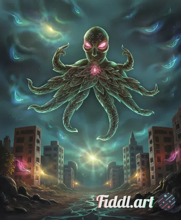 A colossal octopus-shaped figure is floating ominously above a post-apocalyptic wasteland, its tenta
