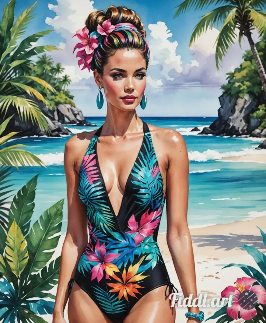 Media Index 0 | A stylized artistic illustration of a figure in a tropical paradise setting. The figure wears a colo