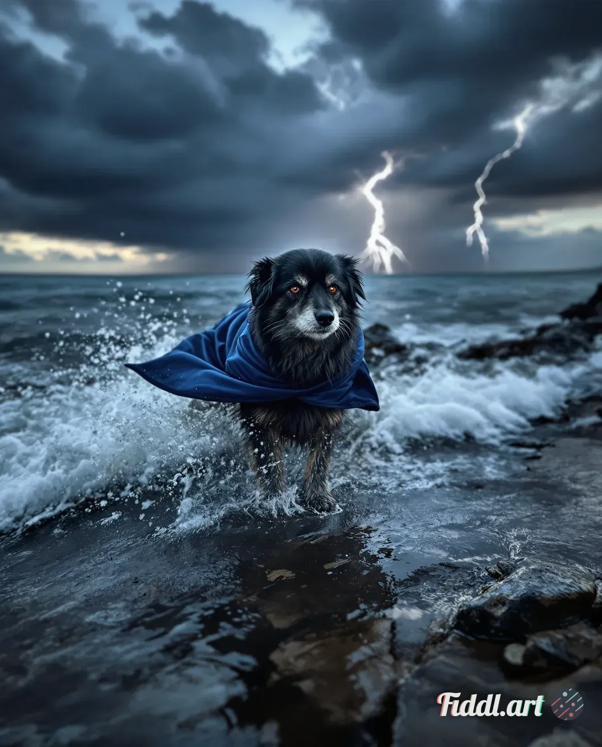 Ultra‑realistic dog mid‑leap above stormy waves, clad in a flowing cobalt cape crackling with electr