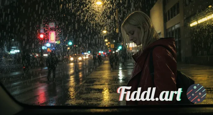 Media Index 0 | full-body side profile of a young slender blonde woman walking alone on a rainy city sidewalk at nig