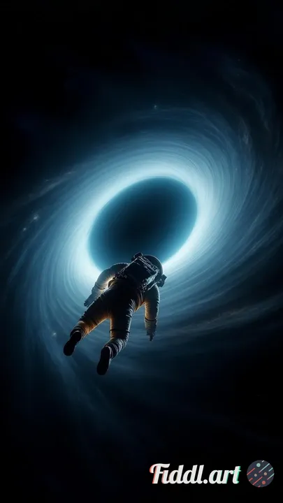 The astronaut is captured from behind, body angled downward as if diving through space toward a lumi