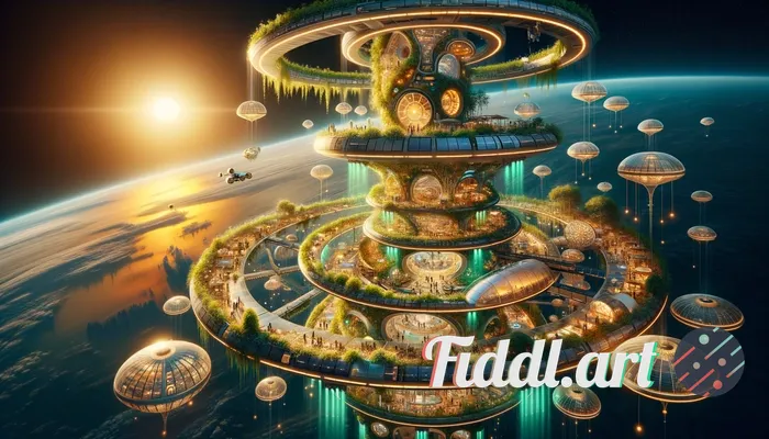 Solarpunk space station, optimistic mood — sprawling orbital habitat bathed in warm golden sunrise l