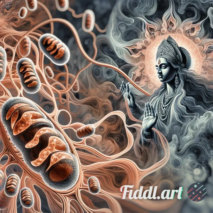 image of mitochondria with a copper color and mother kali in a protective stance in the background 