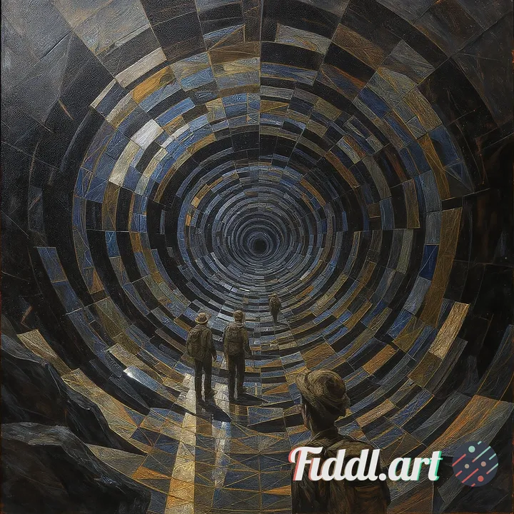 Surrealist painting, explorers lost in an infinite mirrored cave, impossible geometric reflections, 