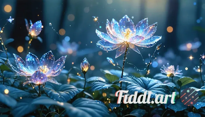 An ethereal garden at twilight, bathed in a soft, otherworldly glow. Delicate flowers unfurl into in