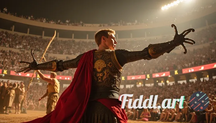 An ancient Roman gladiator with a mechanical arm battles in a grand arena, holographic beasts swirli