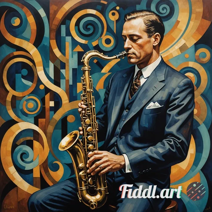 Surreal Art Deco painting of a 1920s jazz saxophonist, spectral echoes of relived moments swirling a