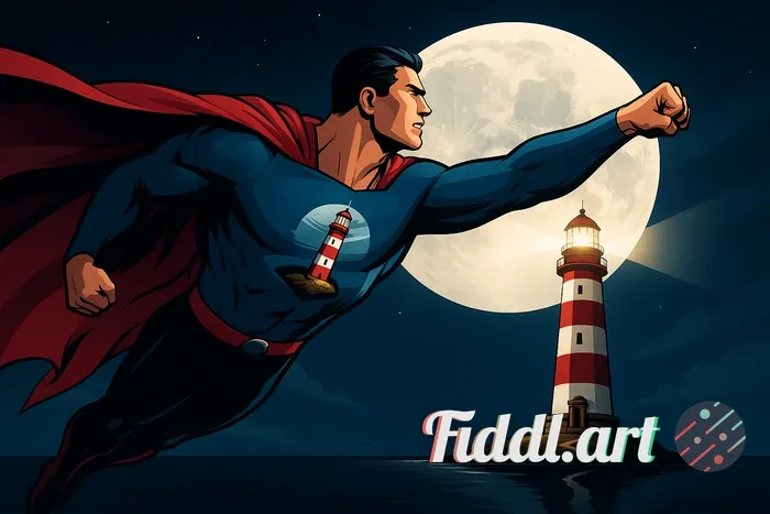 superhero character flying towards the lighthouse