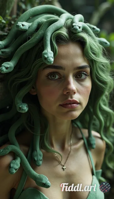 Portrait of Medusa from the bust up. Her expression is one of innocent curiosity, but each snake in 