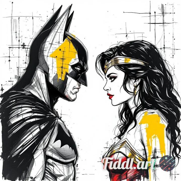 hand drawing illlustration of batman and wonder woman standing face to face in basquiat art style 