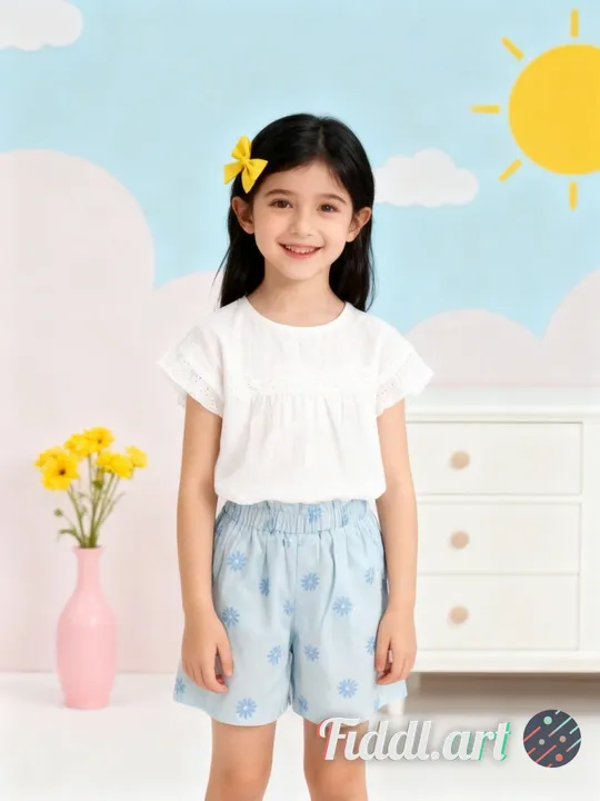 A cheerful indoor scene featuring a full figure of 6-7 years old child standing in a photo studio wi