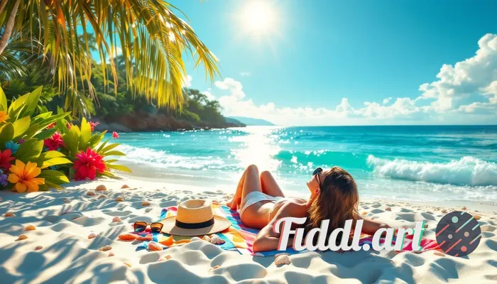 A serene scene of a woman sun tanning on a tranquil beach, lying comfortably on a colorful beach tow