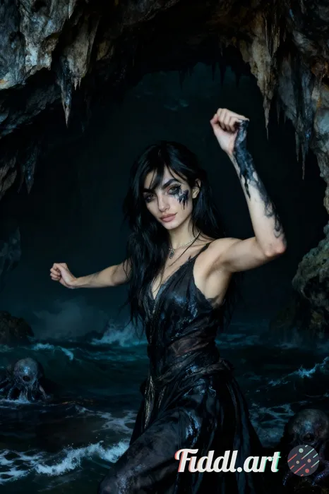 make an image of me wearing dark Black Ink face paint, heavy atmosphere, trance dance cult priestess