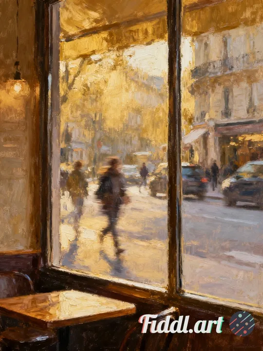 View from inside a café looking out onto the street, glass reflections blending with passing figures