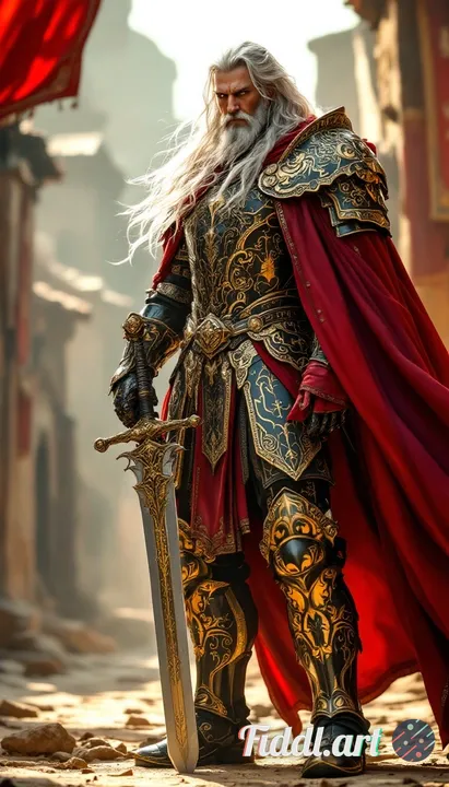 A towering paladin in ultra-ornate black-gold armor, covered in nano-level baroque engravings and sh