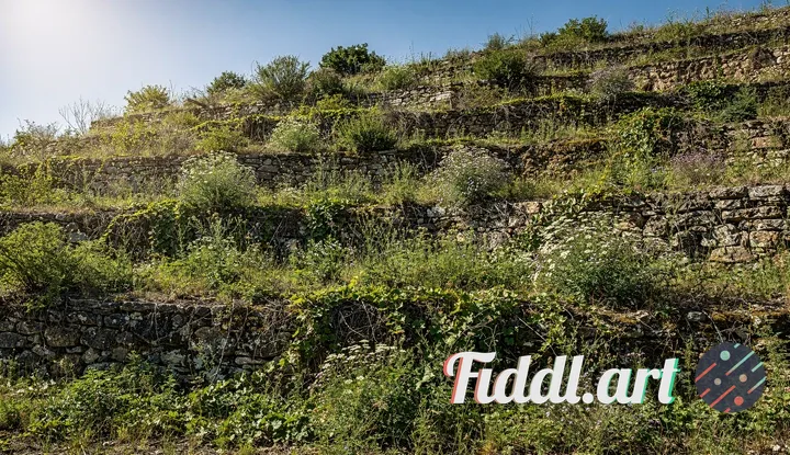 A wide landscape view of old, abandoned agricultural terraces on a steep hillside. The stone walls a