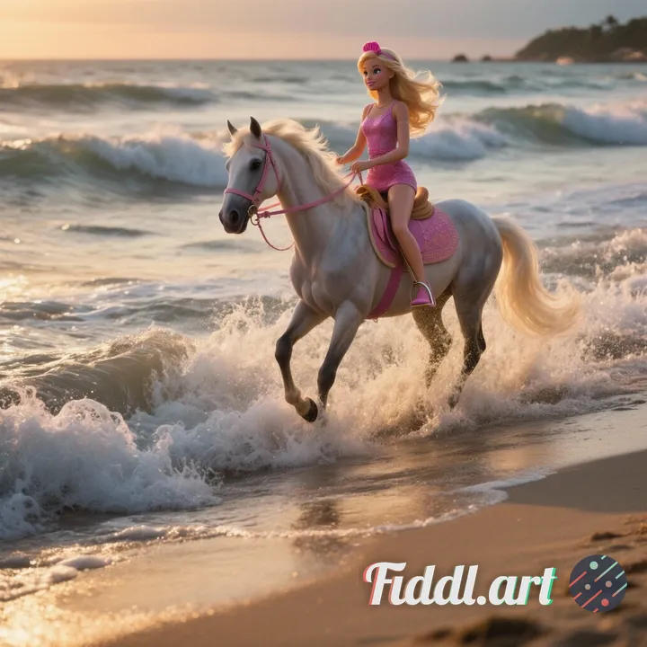 Use Barbie model and use golden hour low light ultra realistic image of barbie on horse back riding 