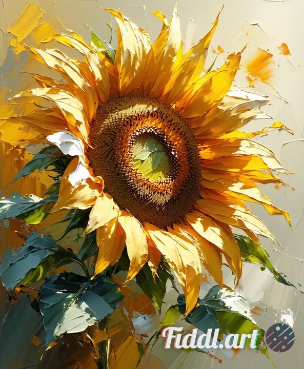 A refined contemporary Impressionist-inspired oil painting of a close-up sunflower in warm natural d