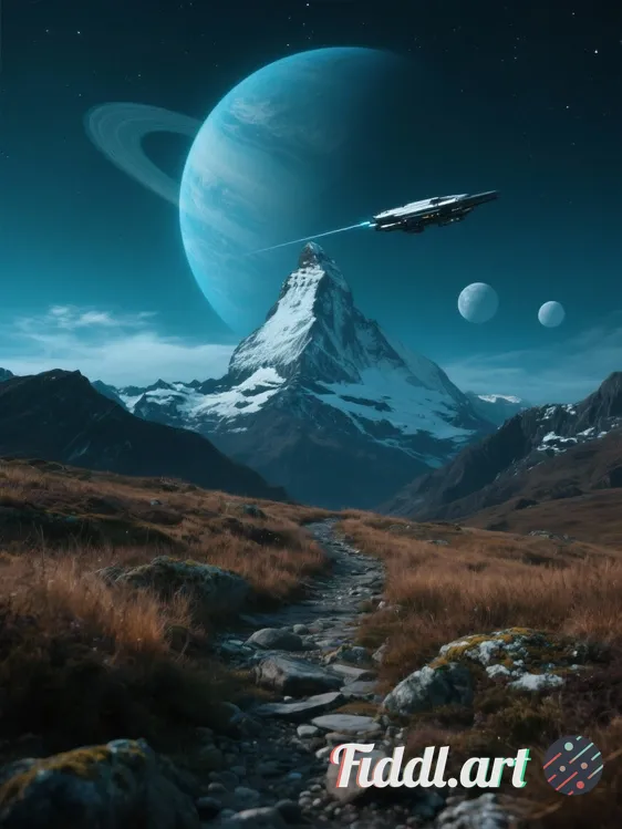 Epic sci-fi mountain vista at night. A jagged, snow-capped peak rises in the center of frame, flanke