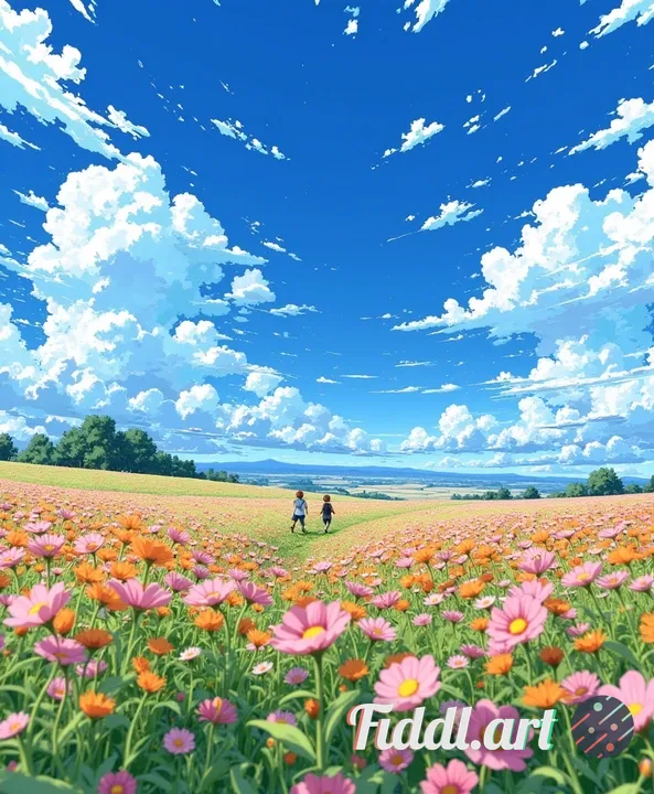 A wide expansive flower field under a deep azure sky with soft white clouds. Two characters run thro
